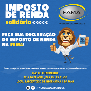 Imposto de Renda Solidário da FAMA acontecerá de 22 a 26 de abril